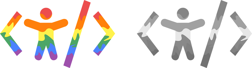 On the left, the Accessibility For Devs logo in color, with the 6 colors of neurodiversity, and on the right, the same logo in grayscale.