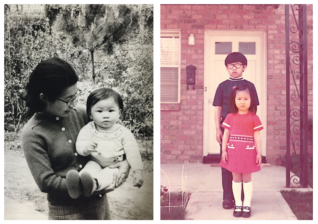 On the left: A black and white photo of an Asian women holding a toddler. On the right: A photo of a girl in a red dress standing in front of her older brother, in front of a door to a red brick building.