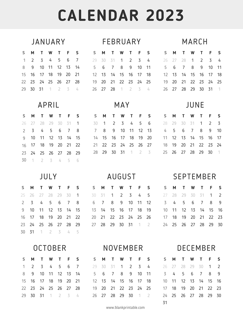 2023 Yearly Calendar Printable One Page