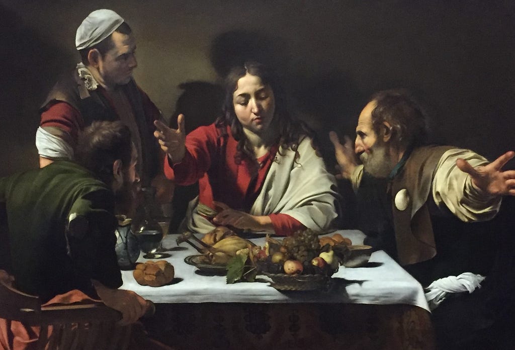 Caravaggio’s painting Supper at Emmaus depicts Christ dining with his disciples 1601