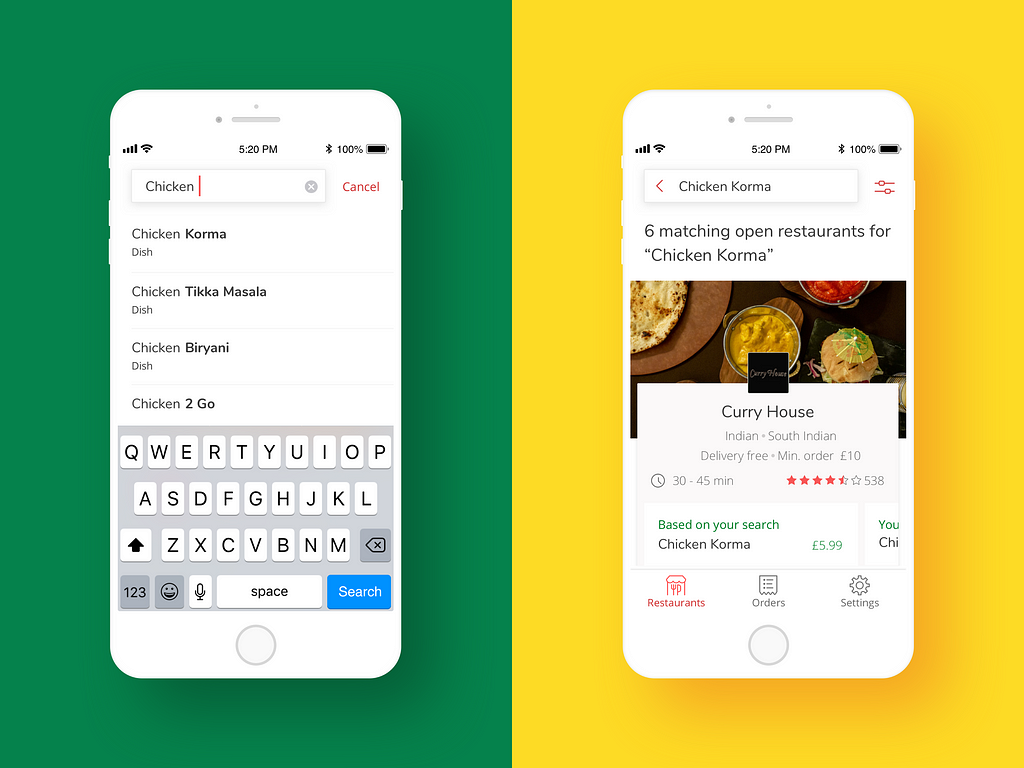 Just Eat predictive dish search and results screen visual for iOS