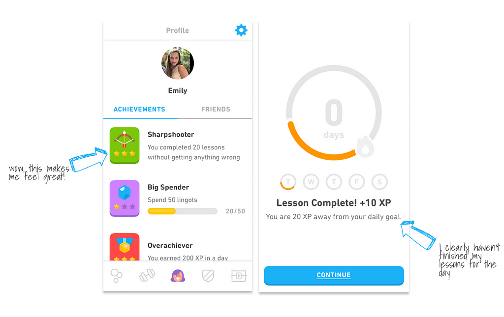 The “profile page” with badges, and the “lesson complete” page from the Duolingo app.