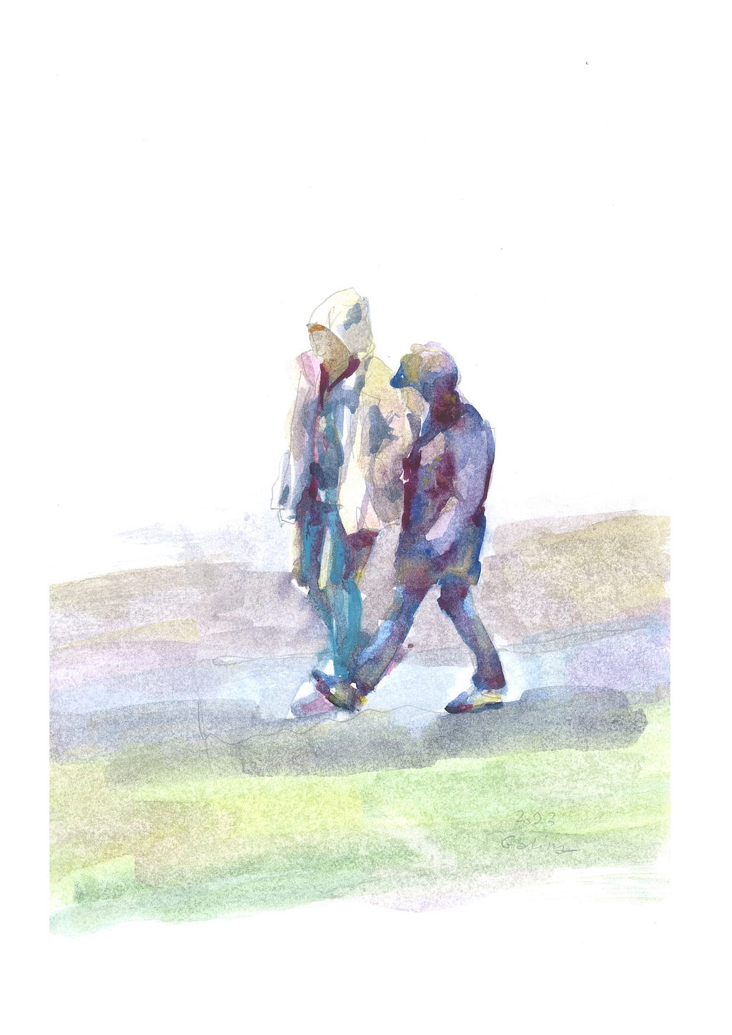 Two men are walking along the road and talking. One listens attentively to the other Drawing in blue and burgundy shades, figures on a white background Narrative illustration sketch by Galina Vindalovskaia