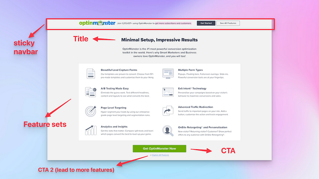 Optinmonster Landing Page: Features component