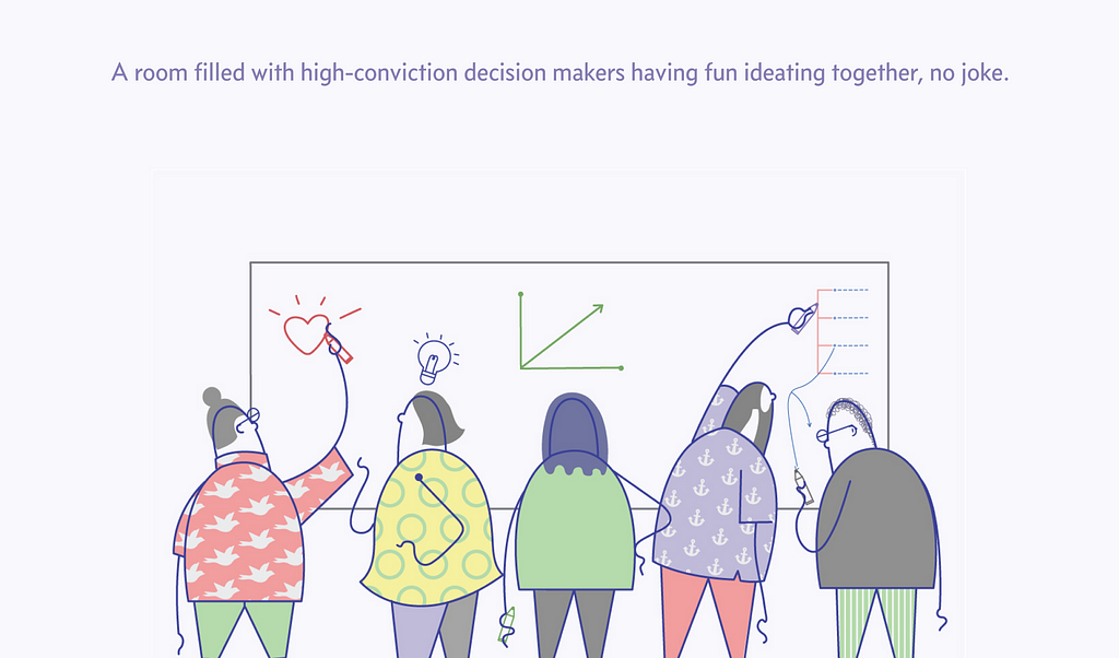 A group of people ideating together to show high-conviction collaboration.