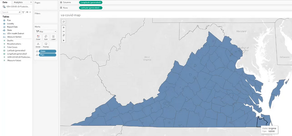 Virginia, in blue on a large map with county outlines. A open tooltip displays State and Fips data for a highlighted county.