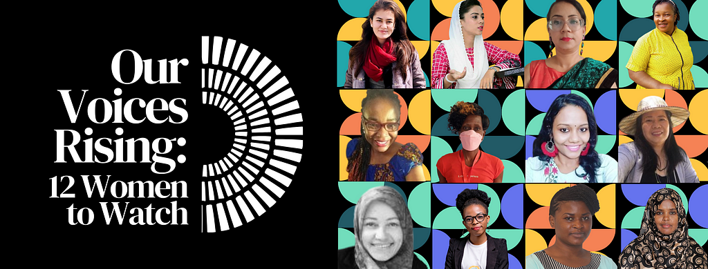 Banner image that says “Our Voices Rising: 12 Women to Watch.” There is a grid of 12 women’s faces against a patterned back drop.