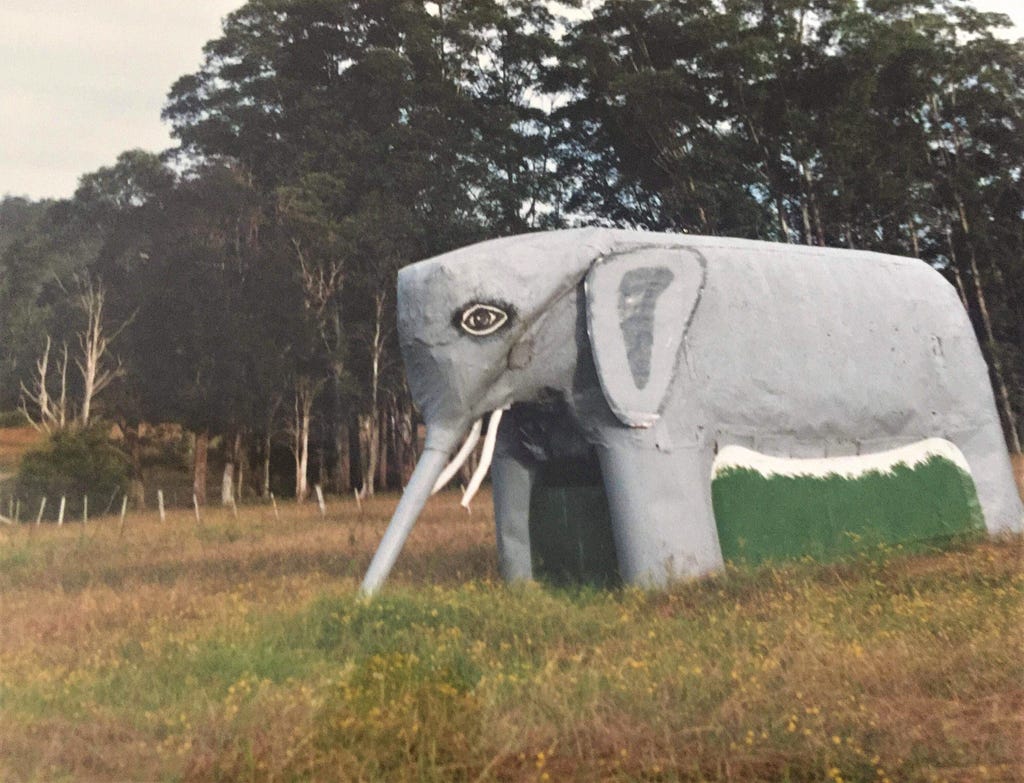 Life-sized grey elephant parade float with weird face, in a farm paddock, large trees in background.