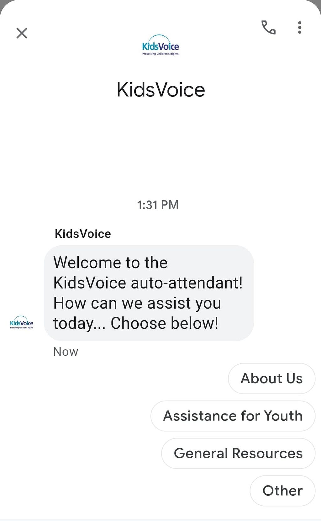 A screen capture of the KidsVoice chatbot is visible. The chatbot begins the chat stating “Welcome to the KidsVoice auto-attendant! How can we assist you today… Choose below!” there are options to click “About Us”, “Assistance for Youth”, “General Resources”, and “Other” below.