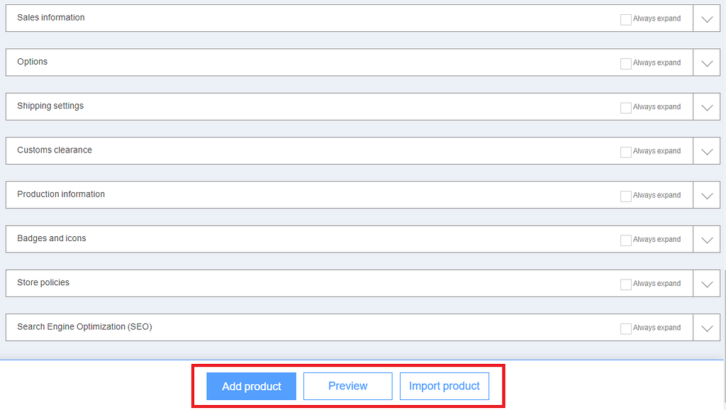 Additional settings can be seen and the ‘add product’, ‘preview’ and ‘import product’ is highlighted in red.