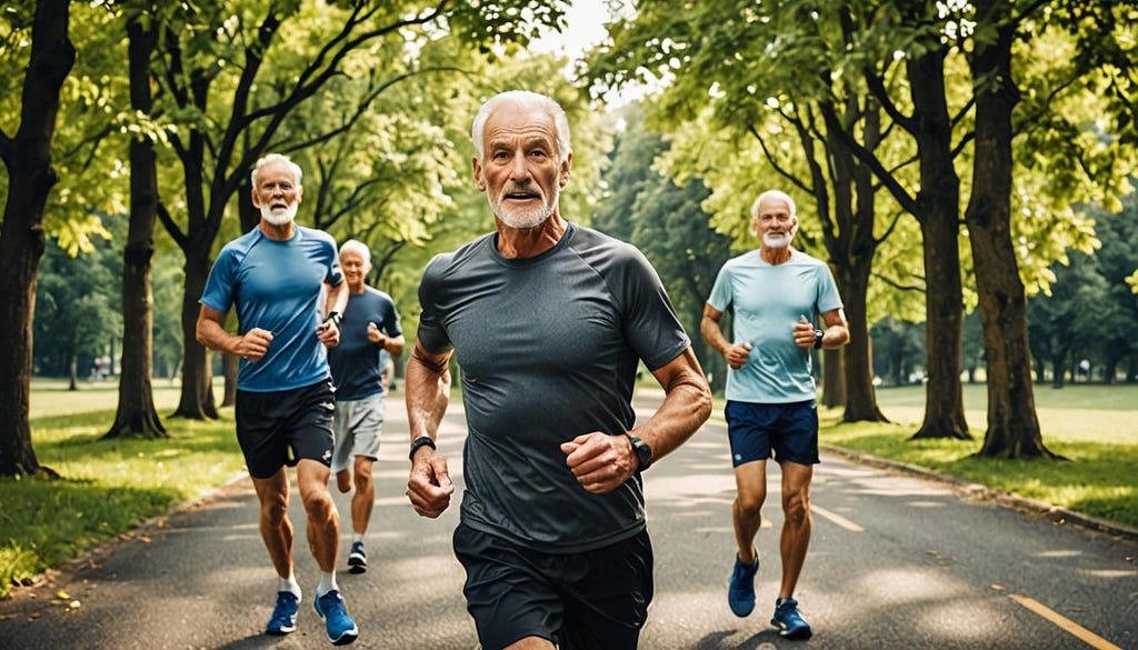 Senior men exercising by running