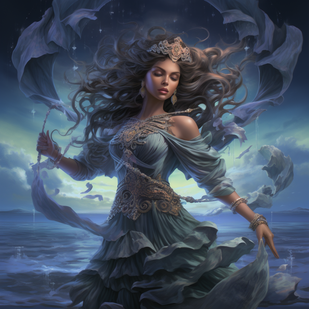 An image of Thetis, the sea nymph in Greek mythology, wearing an ancient gown on a piece of water, light indigo and dark cyan, mystic symbolism, lively seascapes, digital illustration