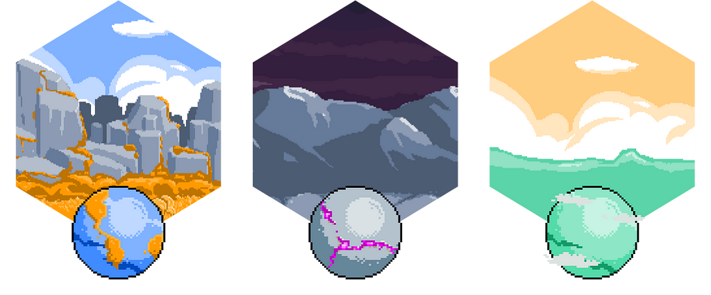 Artwork depicting three planets with varying landscapes; an overgrown rocky landscape, a dark mountain range, and an ocean world.