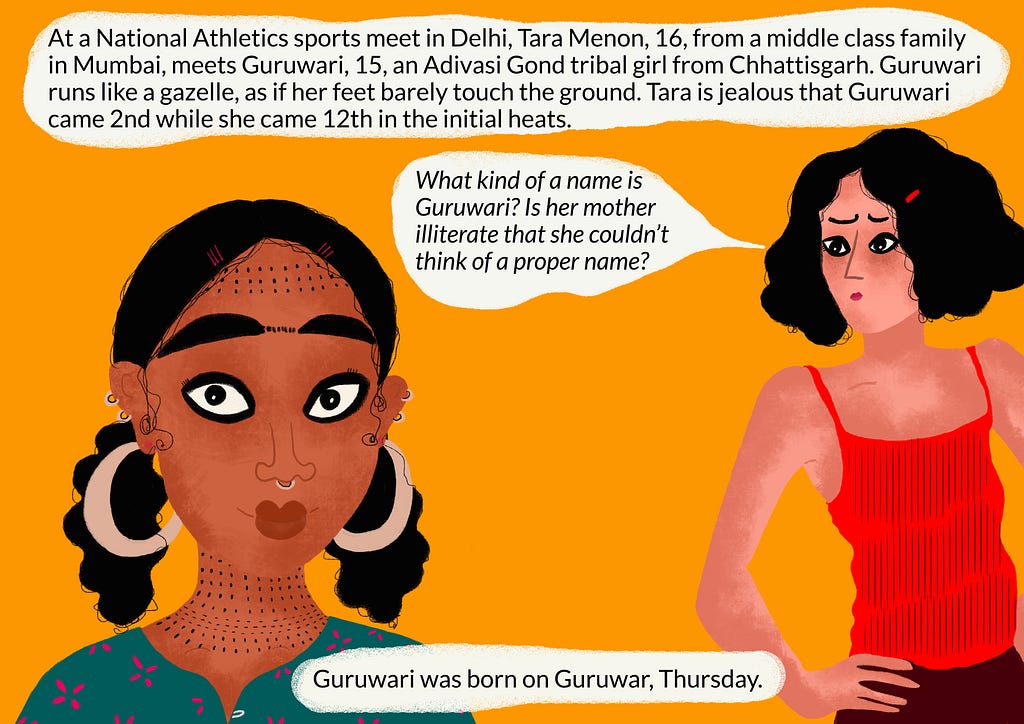 A panel showing Tara meeting Guruwari at the sports meet and wondering what kind of a name Guruwari is.