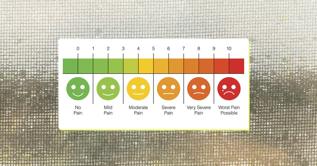 Abstract background. White graphic with a green to red pain scale showing faces from happy to sad.