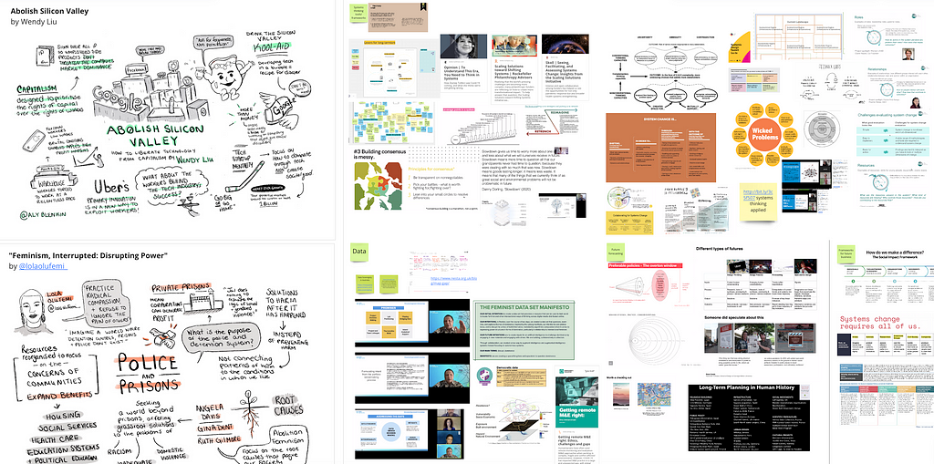 A series of boards in miro. On the right there are drawings I’ve sketched based on books, and to the left there are screenshots from presentations, articles and blogs.