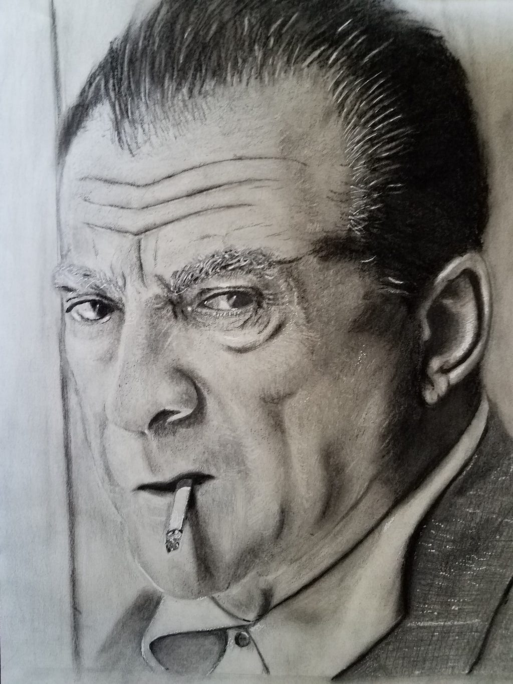 Pencil drawing of Italian film maker Luchino Visconti. Shot from the neck up as the old man glances over his left shoulder. He has wrinkled skin, a receding hairline, a serious expression, and a cigarette dangling from his lops.