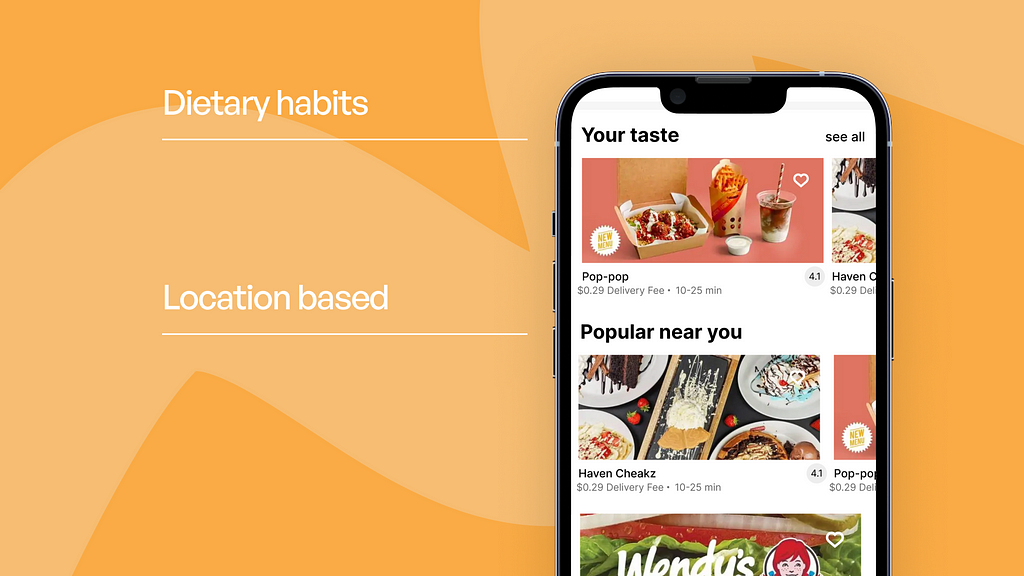 Uber Eats screen with personalized suggestions such as dietary habits and location based suggestions.