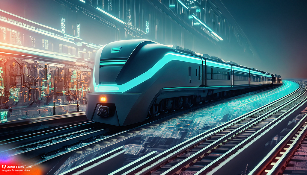 Futuristic train traversing a hybrid track made of both traditional iron rails and floating digital circuits board, within a cybernetic environment.