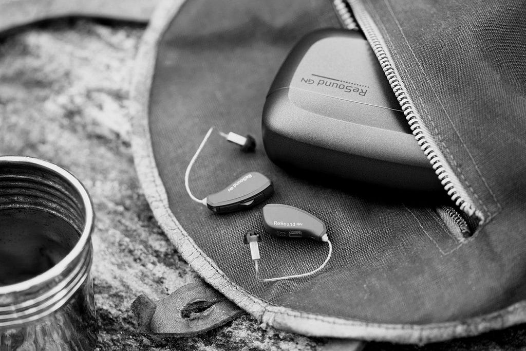 ReSound Hearing Aid inside a bag — hearing aid Emillio uses.