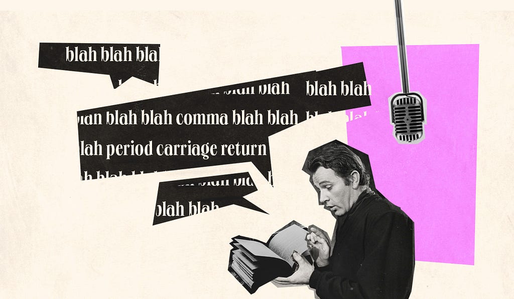 Collage of an actor reading a book with a mic behind him and several text bubles saying “blah blah blah”