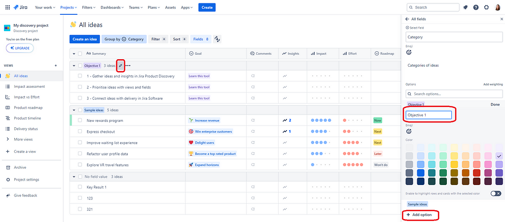 OKRs as categories in Jira Product Discovery