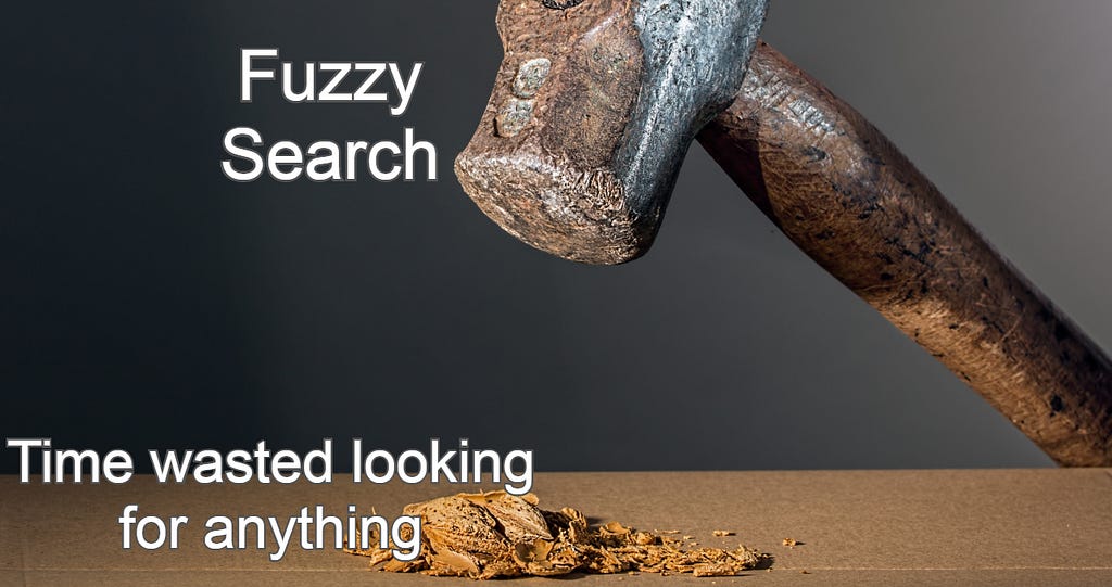 Fuzzy Search (represented by hammer) crunching time wasted looking for anything (represented by hammered fragments)