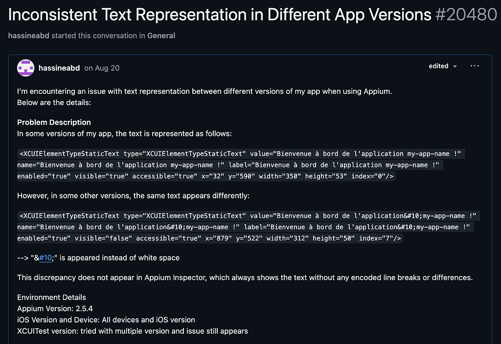 screenshot show the description of the issue that have been raised on github about the inconsistent text representation