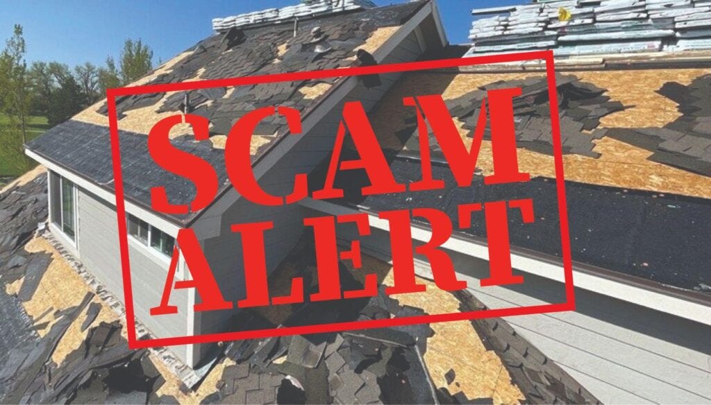 A partially re-roofed house in Mapleton, Utah, with exposed underlayment and new shingles being installed, under a clear blue sky. A bold red stamp across the image reads “SCAM ALERT” in large white letters, warning insurance agents and homeowners about predatory roofing practices.