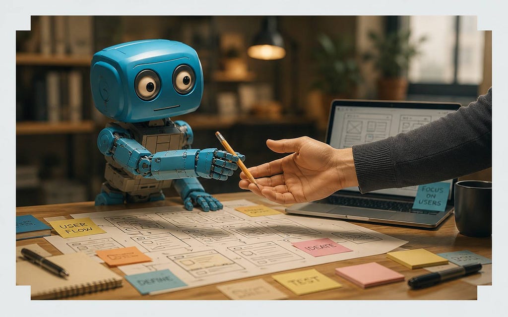 A small blue robot handing a pencil to a human hand across a desk covered with UX wireframes, sticky notes and a laptop.