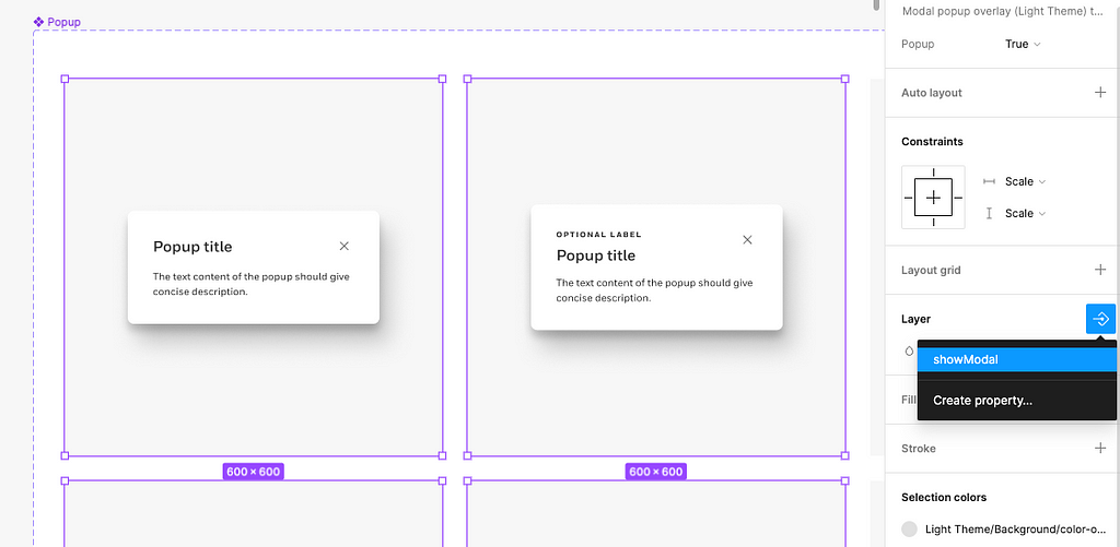 A popup UI component set in Figma with the Layers menu open in the Design panel with the Boolean property highlighted to be applied to the component