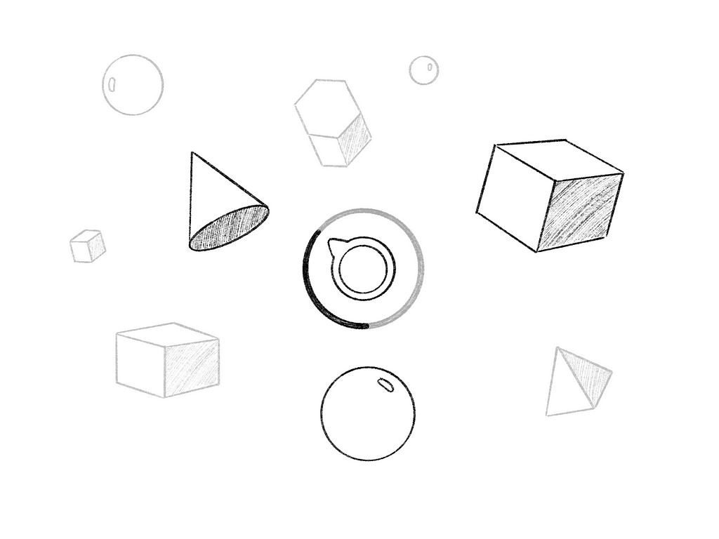 Sketch of lots of 3D objects in space. There is a dial in the middle