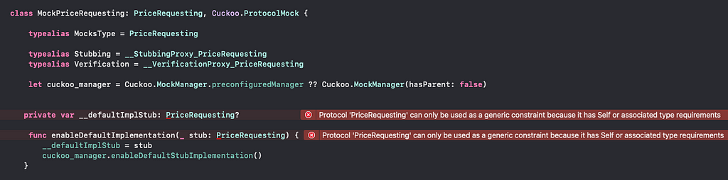 Image of Xcode showing the MockPriceRequesting class generated by Cuckoo with errors: “Protocol ‘PriceRequesting’ can on be used a generic constraint because it has Self or associated type requirements”.