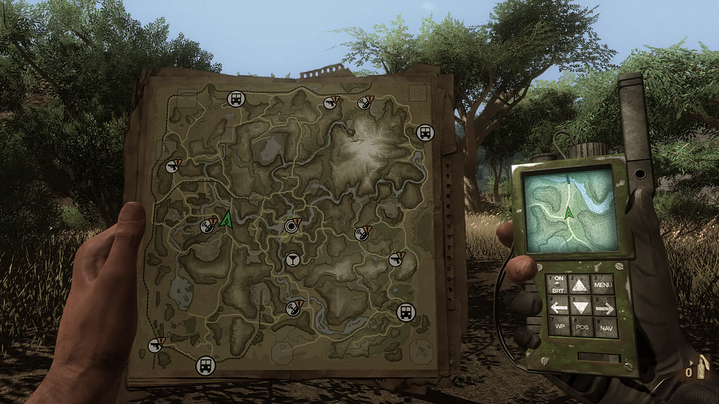 Far Cry 2 screenshot: character holding a map and GPS device.