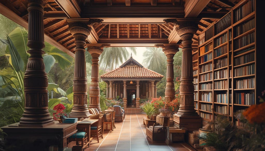An ancient Indian serene library on a veranda