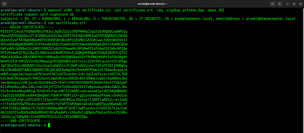 Terminal screenshot with the command to generate the self-signed certificate