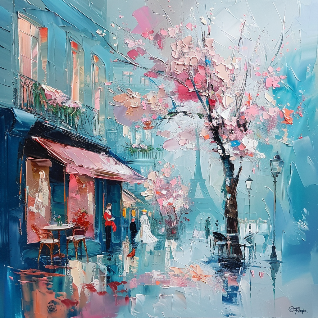 Impressionism, spring blossom in paris street, with a cafe, light cyan, coral and amber