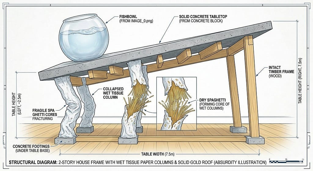A detailed architectural structural diagram generated by Gemini showing a dining table with collapsed wet tissue paper columns wrapped around dry spaghetti cores on the left side, an intact timber frame on the right side, a solid concrete tabletop, and a fishbowl floating above the surface. Dimension annotations label table height at 2.5 metres on the left and 7.5 metres on the right, with a caption at the bottom reading “Structural Diagram: 2-Story House Frame with Wet Tissue Paper Columns and