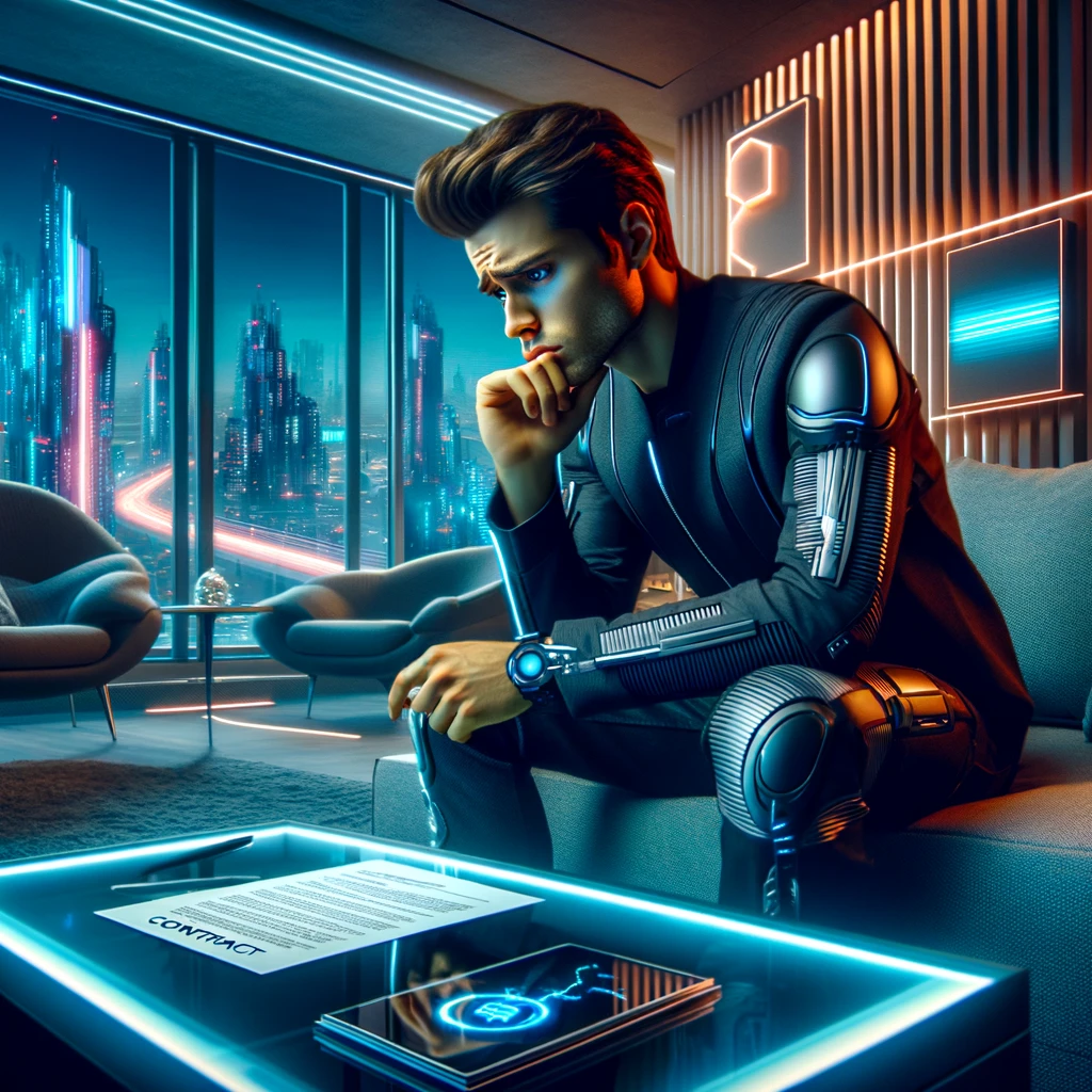 Futuristic image of a young actor in a hotel room who is distressed about the decision to sign a contract or not.