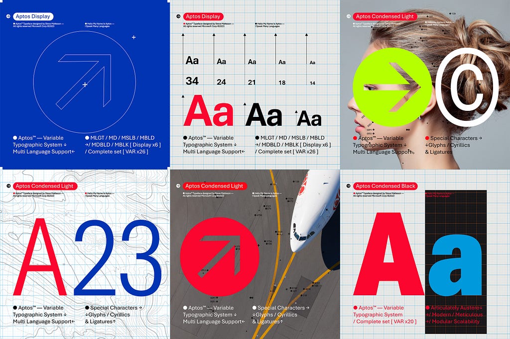 A series of images showcasing the versatility of Aptos typeface.