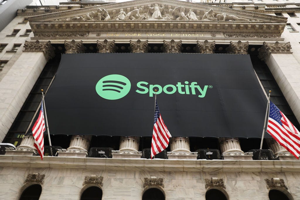 The Spotify banner hangs from the New York Stock Exchange.