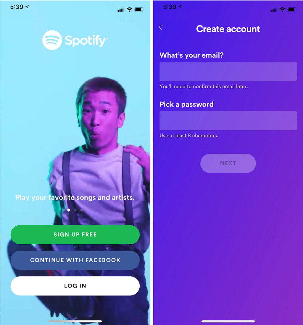A screenshot of two screens from the Spotify app. On the first screen, there’s a photo of a person dancing, the phrase “Play your favorite songs and artists,” and buttons to sign up for an account. On the second, there are fields to enter your email and create a password.