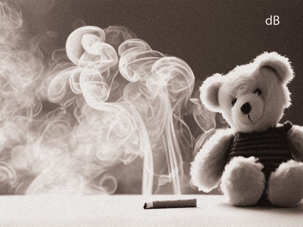 A Teddy Bear next to a smoking cigarette