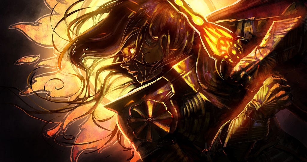 Image: A long-haired woman in plate armor, holding her sword at the ready as wind blows her hair (right into her face) and a flame-colored glow lights her from behind.