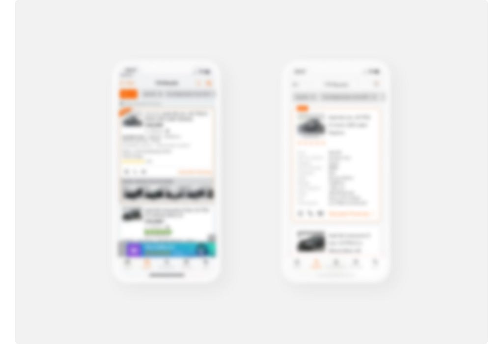 Two blurred iPhone mockups. A busy interface on the first one and less details on the second one.