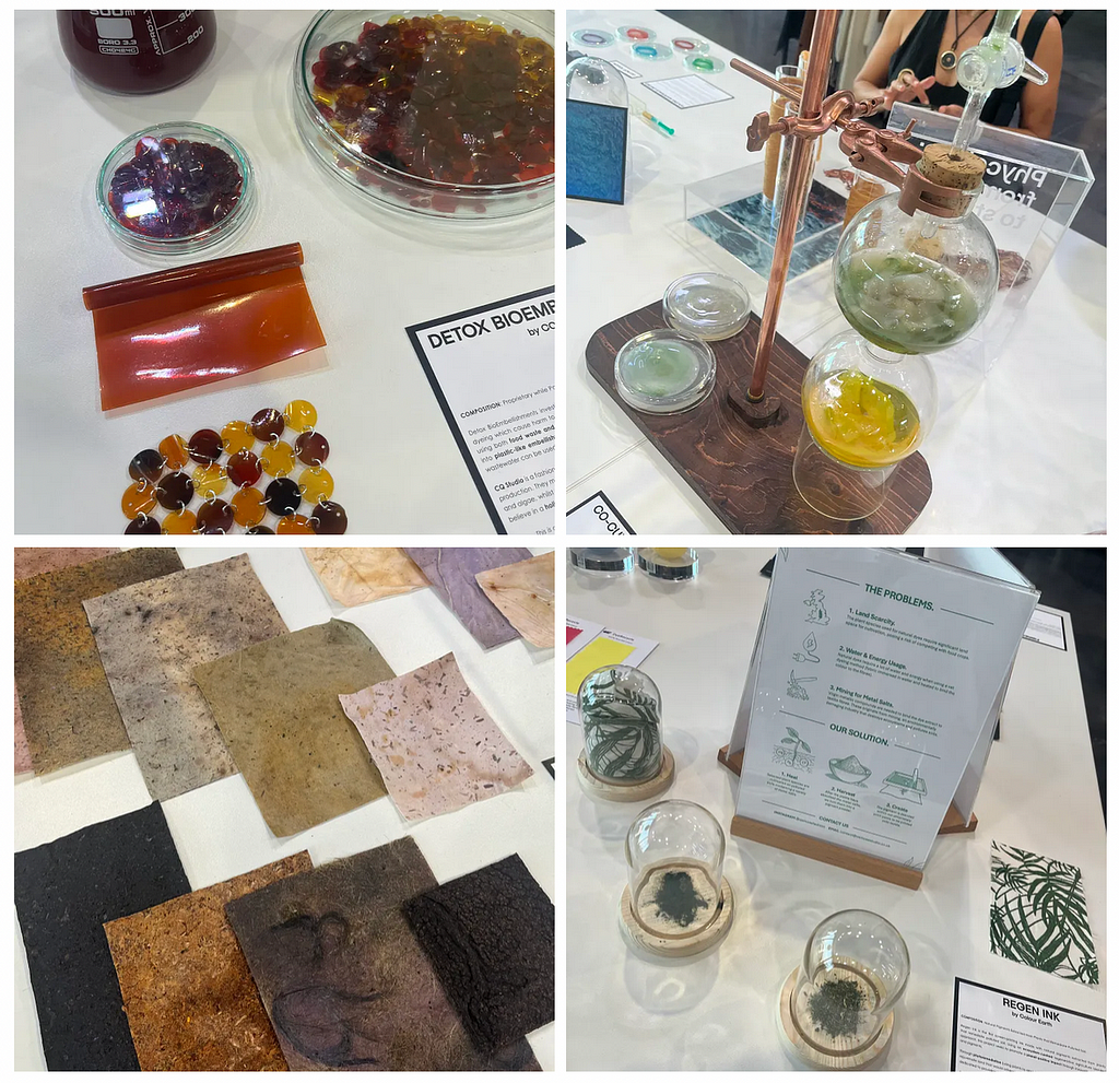 Clockwise from top left: detox bioembellishment by CQ Studio / co-culturing rituals by Namita Bhatnagar / Regen Ink by Colour Earth / biomaterials for healing by Eirinn Hayhow.