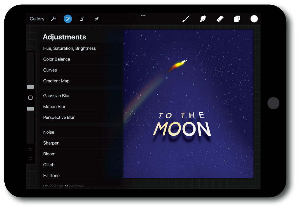 Image of the Procreate app open on the iPad with the Adjustments Layer open on screen