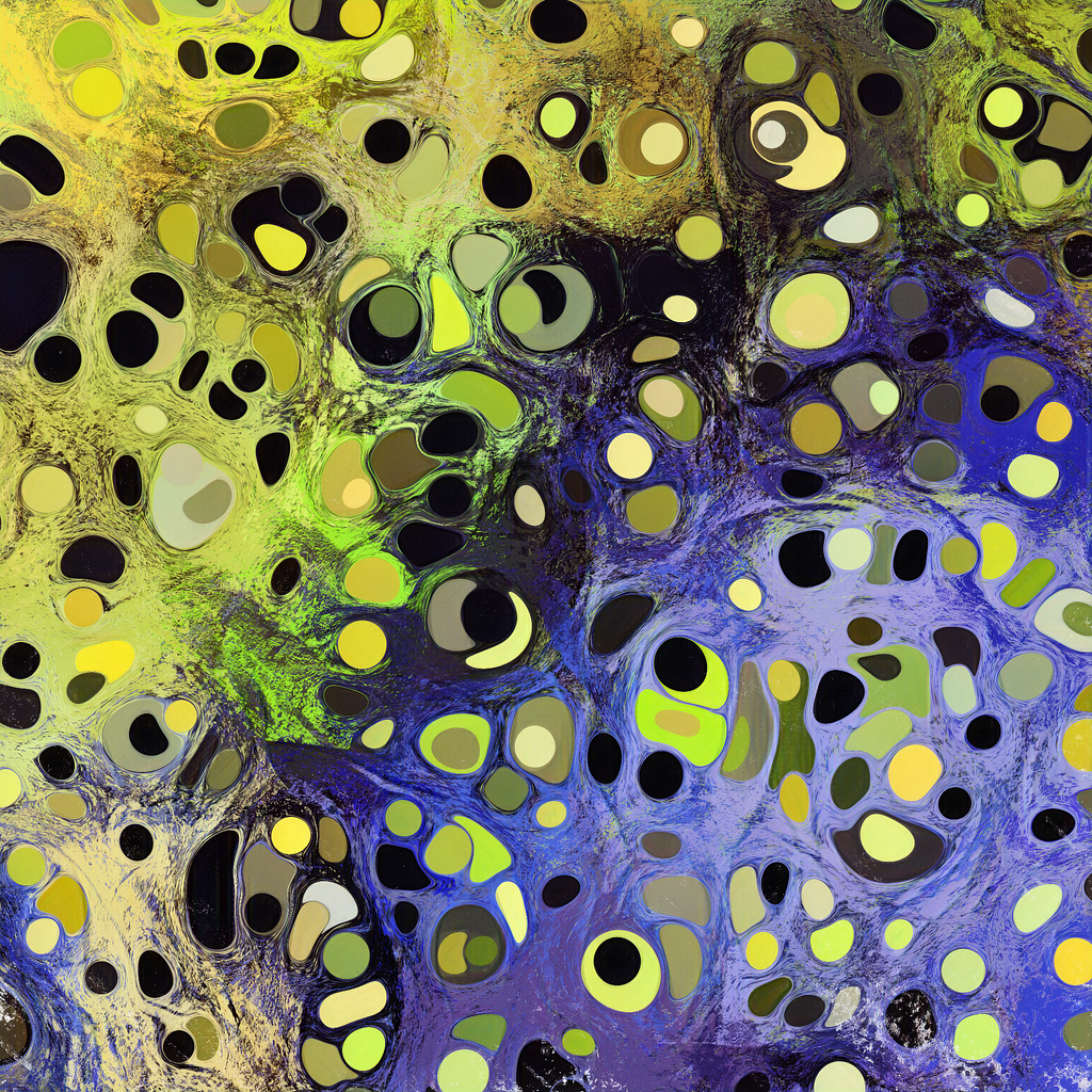 abstract dots and blobs captured relating to each other over texture, in a square