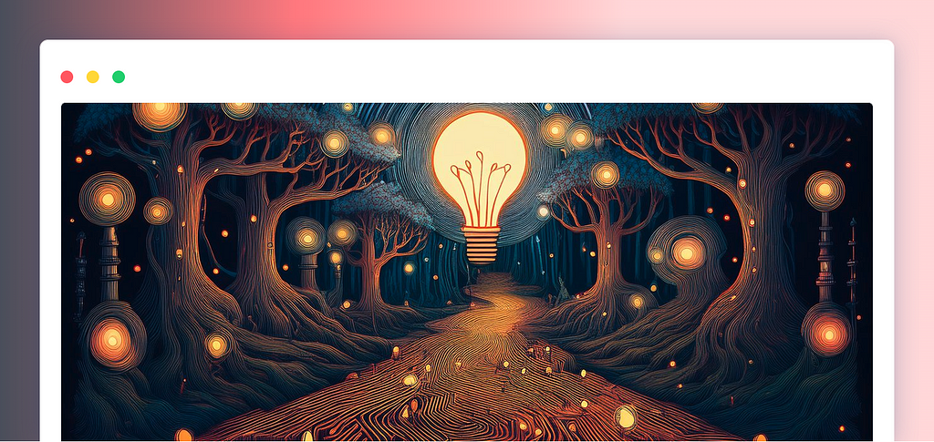 An image of a stylized forest path at night leading to a lightbulb.