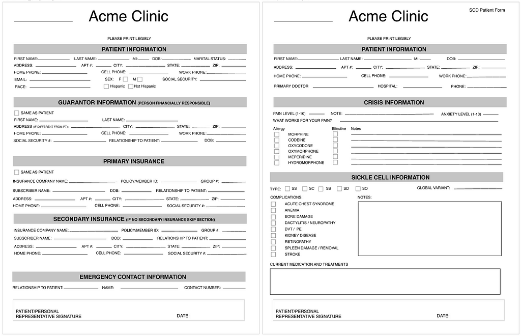 Two patient forms, a generic entry form and one made specifically for Sickle Cell Disease
